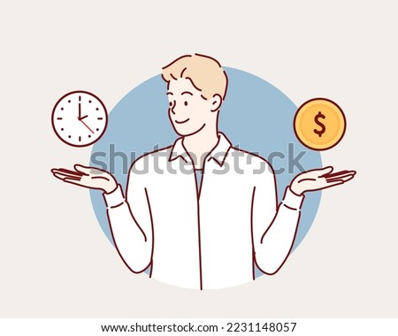 Businessman hand holds dollar coin and clock. Time and money balance. Income, costs, financial scale. Solution and rationality balance.Hand drawn style vector design illustrations