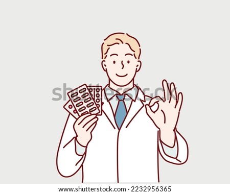 Doctor with medication. man doc holding pills showing ok-sign. Hand drawn style vector design illustrations.