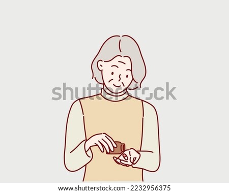 senior woman taking drugs pills. Hand drawn style vector design illustrations.