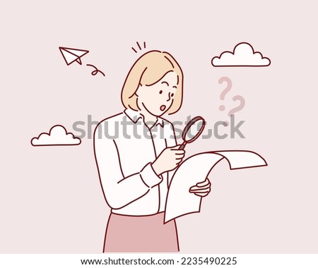 woman searching for something, looking left through magnifying glass and smiling pleased, investigating. Hand drawn style vector design illustrations.