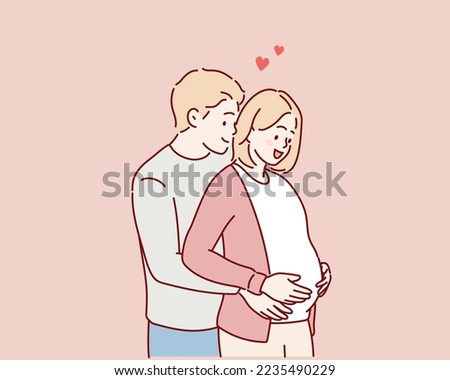 Pregnant woman with husband. Hand drawn style vector design illustrations.