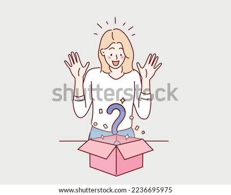 happy smiling girl opening a gift box. Mystery box icon question mark inside gift box. Hand drawn style vector design illustrations.