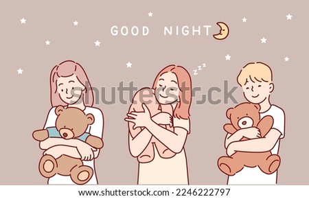The little girl in pajamas is hugging teddy bear. Hand drawn style vector design illustrations.