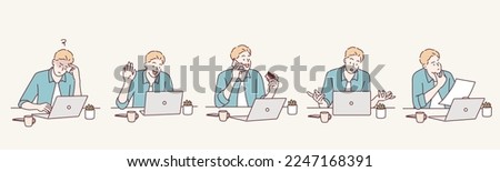  business man using laptop computer sitting at a desk. Hand drawn style vector design illustrations.