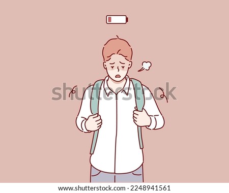 Tired  student walking with Low power symbol. Hand drawn style vector design illustrations.