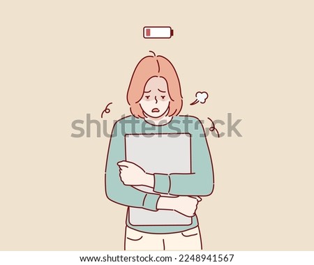 Tired  student walking with Low power symbol. Hand drawn style vector design illustrations.