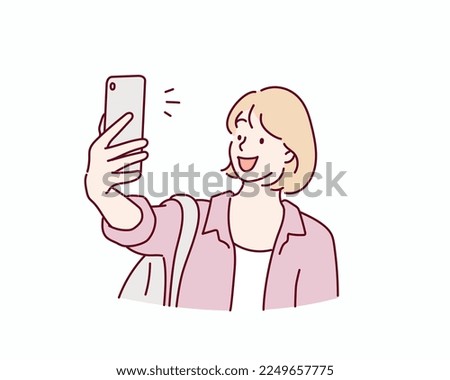 Happy woman beaming smile making selfie. Hand drawn style vector design illustrations.
