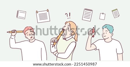 People writing, hold pencils and pens in hands. Set of writers, journalists, editors, copywriters, creators drawing. Hand drawn style vector design illustrations.