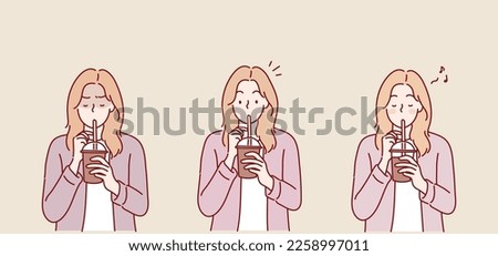  happy girl with a cup of coffee. Hand drawn style vector design illustrations.