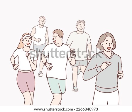 Group of young people running a race. Hand drawn style vector design illustrations.