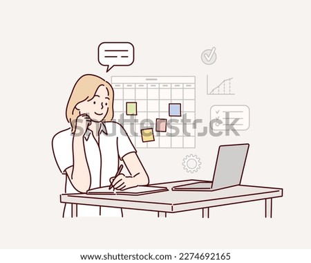 woman working in office. Hand drawn style vector design illustrations.