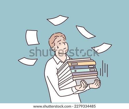 Bureaucracy and overworking concept. Angry office worker with pile of papers and documents is stressed by lot of work and deadlines. Hand drawn style vector design illustrations.