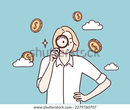 A woman observing a huge coin with a magnifying glass. Financial study, observation concept. Hand drawn style vector design illustrations.