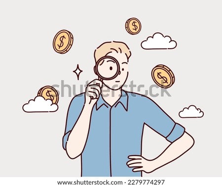 A man observing a huge coin with a magnifying glass. Financial study, observation concept. Hand drawn style vector design illustrations.