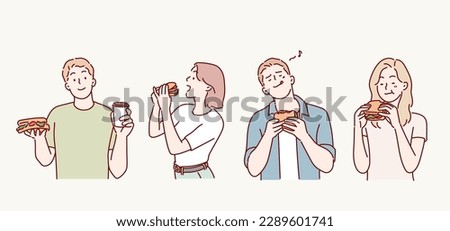 Group of people eating tasty sandwiches. Hand drawn style vector design illustrations.