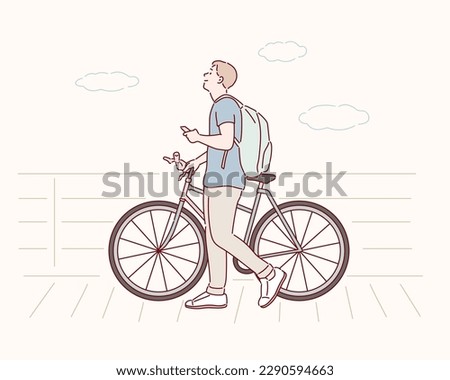 A smiling smart casual man pushes a bike on the street and uses his phone. Hand drawn style vector design illustrations.