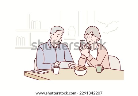 Senior couple writing emails on their phone and tablet. Hand drawn style vector design illustrations.
