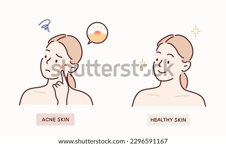 cartoon woman with acne skin problem. Hand drawn style vector design illustrations.