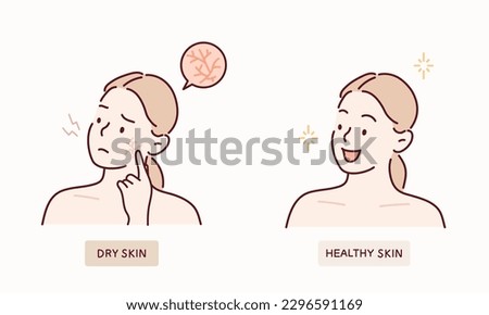 cartoon woman with dry skin problem. Hand drawn style vector design illustrations.