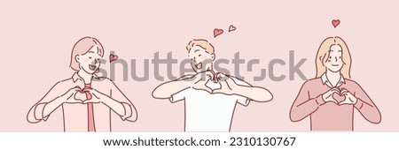 happy women and men show heart gesture, express love. Hand drawn style vector design illustrations.