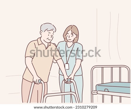 Happy female caretaker assisting senior man in using Zimmer frame at nursing hospital. Hand drawn style vector design illustrations.