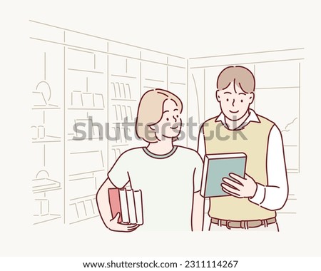 two young people in a bookstore reading something in a book with many bookshelves. Hand drawn style vector design illustrations.