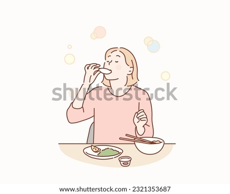 eat breakfast. Woman Eating Delicious Meal. Hand drawn style vector design illustrations.