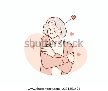 Self love concept, aged female person is hugging herself. Hand drawn style vector design illustrations.
