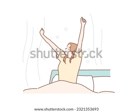 Happy girl waking up in the morning sunshine looking at sunrise sun in window excited to enjoy the day. Hand drawn style vector design illustrations.
