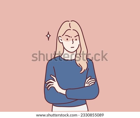 Picture of angry young woman standing isolated over pink background. Hand drawn style vector design illustrations.