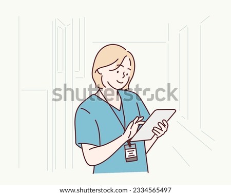Young female nurse holding file in a hospital. Hand drawn style vector design illustrations.