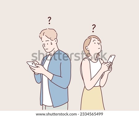 Young couple talking on the phone. Hand drawn style vector design illustrations.
