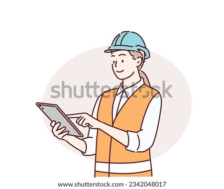 Female Engineer in white Hard hat using Tablet Computer.   Working on Interior Design. Hand drawn style vector design illustrations.