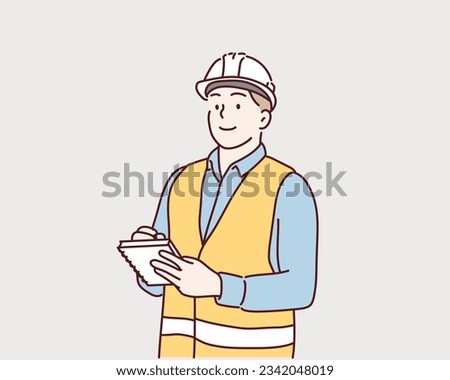 Civil engineer. man makes notes in the construction documentation. man in a construction helmet and an orange vest. Hand drawn style vector design illustrations.