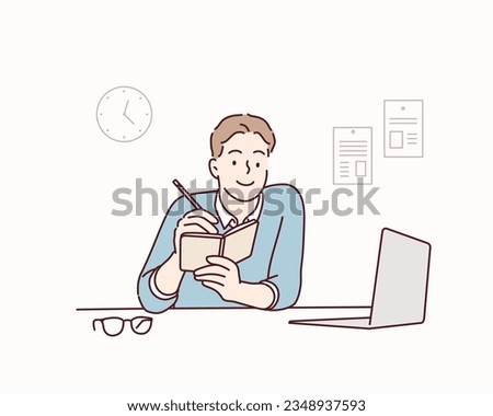 Multi-tasking businessman working in the office. He is using touchpad while reading an e-mail on laptop and taking notes on the paper. Hand drawn style vector design illustrations.