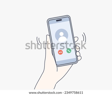 Man's hand holding smartphone with incoming call and finger touch screen. Receiving phone call concept. Hand drawn style vector design illustrations.