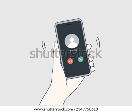 Man's hand holding smartphone with incoming call and finger touch screen. Receiving phone call concept. Hand drawn style vector design illustrations.