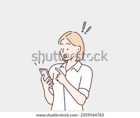 The woman looks at her phone and is surprised. Hand drawn style vector design illustrations.