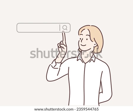 Searching Browsing Internet Data Information Networking Concept,Business woman clicking internet search page on computer touch screen,copy space. Hand drawn style vector design illustrations.