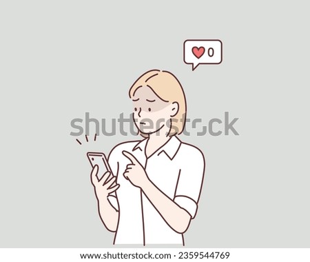 The woman is sulking because she didn't receive any likes on her social media post. A girl looking at a smartphone app with zero likes. Hand drawn style vector design illustrations.