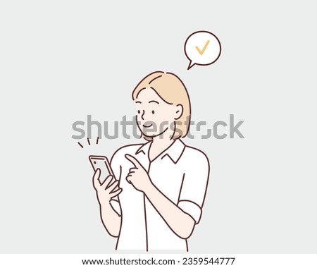 The woman checks her cellphone notifications. Hand drawn style vector design illustrations.