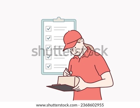 Delivery Service Worker Crossing Out Address From Check List, Smiling Courier Delivering Packages. Hand drawn style vector design illustrations.