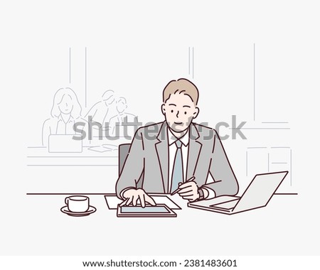Businessman using laptop computer in office. Hand drawn style vector design illustrations.