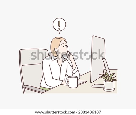 Happy woman sitting at a computer, exclamation marks, concept of a new idea. Hand drawn style vector design illustrations.