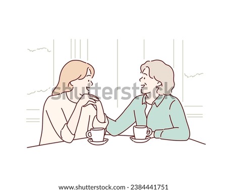 Cheerful old mother and young adult woman talking laughing together, smiling elderly older mum having fun chatting with grown daughter. Hand drawn style vector design illustrations.