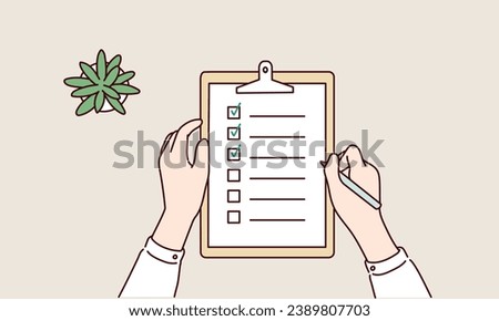 Hand writing something with a pen on a checklist note paper. Hand drawn style vector design illustrations.