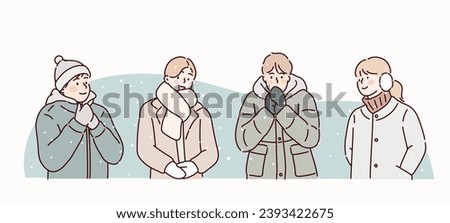 Men, women wearing cold weather clothes in winter. Hand drawn style vector design illustrations.