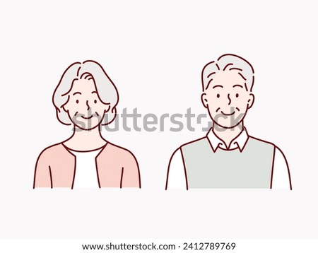 Happy senior man and woman face illustration. drawn style vector design illustrations.