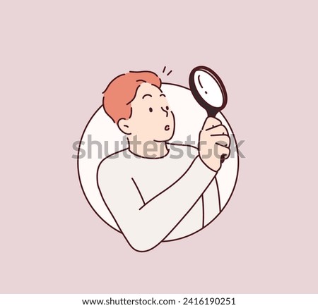 woman looking through magnifying glass, searching or investigating something. Hand drawn style vector design illustrations.