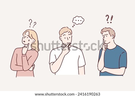 
Confused men and women in doubts and thoughts. Hand drawn style vector design illustrations.